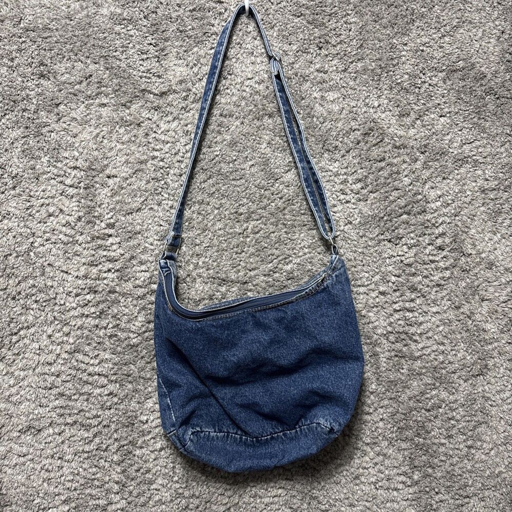 Vintage 90s Denim Purse Floral Embroidered Pockets Hobo Shoulder Bag Adjustable - Picture 4 of 12